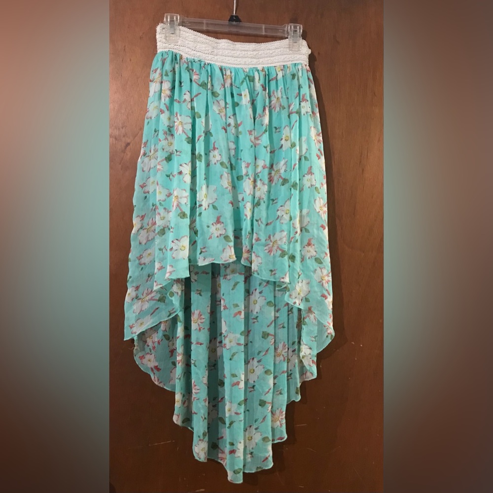 BB couture Seafoam green with white flowers hi lo thick elastic waist skirt